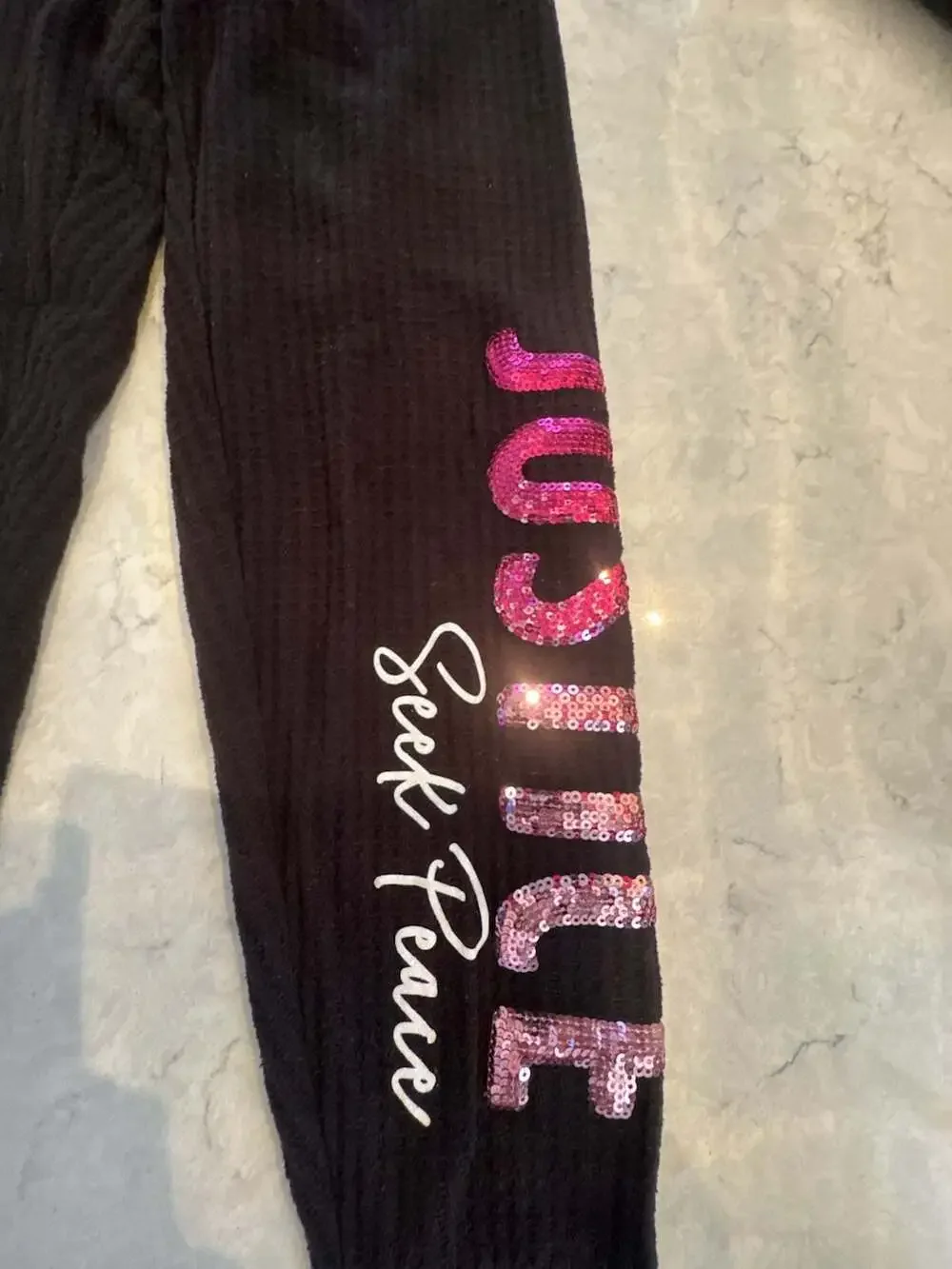 Justice Girls Black Sequin Sweatpants Size M (10) Seek Peace Design